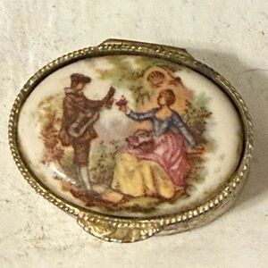 Vintage Oval Porcelain Brooch with Romantic Scene